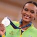 Brazil's Rebeca Andrade poses with her silver medal during the podium ceremony of the artistic gymnastics women's all-around final during the Tokyo 2020 Olympic Games at the Ariake Gymnastics Centre in Tokyo on July 29, 2021. (Photo by MARTIN BUREAU / AFP) (Photo by MARTIN BUREAU/AFP via Getty Images)