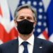 U.S. Secretary of State Antony Blinken wears a protective mask as he poses for a picture during a meeting at NATO's headquarters in Brussels on April 14, 2021. (Photo by JOHANNA GERON / POOL / AFP) (Photo by JOHANNA GERON/POOL/AFP via Getty Images)