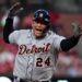 ST LOUIS, MO - AUGUST 24: Miguel Cabrera #24 of the Detroit Tigers reacts after hitting a solo home run during the third inning against the St. Louis Cardinals at Busch Stadium on August 24, 2021 in St Louis, Missouri.   Jeff Curry/Getty Images/AFP (Photo by Jeff Curry / GETTY IMAGES NORTH AMERICA / Getty Images via AFP)