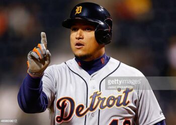 PITTSBURGH, PA - APRIL 15: Miguel Cabrera #24 of the Detroit Tigers argues with the umpires in the ninth inning against the Pittsburgh Pirates while wearing the #42 to commemorate Jackie Robinson Day during the game at PNC Park on April 15, 2015 in Pittsburgh, Pennsylvania.  (Photo by Jared Wickerham/Getty Images)