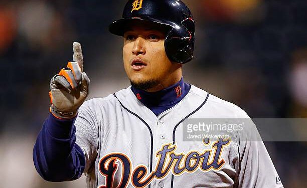 PITTSBURGH, PA - APRIL 15: Miguel Cabrera #24 of the Detroit Tigers argues with the umpires in the ninth inning against the Pittsburgh Pirates while wearing the #42 to commemorate Jackie Robinson Day during the game at PNC Park on April 15, 2015 in Pittsburgh, Pennsylvania.  (Photo by Jared Wickerham/Getty Images)