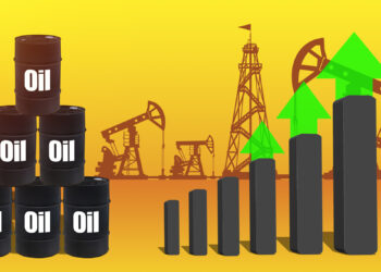 Barrels with the inscription Oil, fuel towers and symbols of growth. Oil production growth. Increase in oil prices. Global energy market. Increase in mineral extraction.