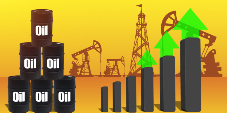 Barrels with the inscription Oil, fuel towers and symbols of growth. Oil production growth. Increase in oil prices. Global energy market. Increase in mineral extraction.