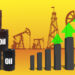 Barrels with the inscription Oil, fuel towers and symbols of growth. Oil production growth. Increase in oil prices. Global energy market. Increase in mineral extraction.