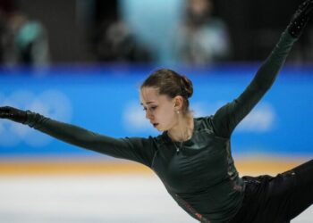 Kamila Valieva, of the Russian Olympic Committee, trains at the 2022 Winter Olympics, Monday, Feb. 14, 2022, in Beijing. (AP Photo/Bernat Armangue)