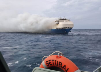 The ship, Felicity Ace, which was traveling from Emden, Germany, where Volkswagen has a factory, to Davisville, in the U.S. state of Rhode Island, burns more than 100 km from the Azores islands, Portugal, February 18, 2022. Portuguese Navy (Marinha Portuguesa)/Handout via REUTERS THIS IMAGE HAS BEEN SUPPLIED BY A THIRD PARTY.