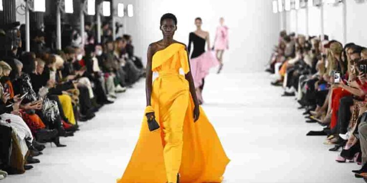 Models walk the runway during the Carolina Herrera Fall/Winter 2022 collection during New York Fashion Week on Monday, Feb. 14, 2022, in New York. (Photo by Evan Agostini/Invision/AP)