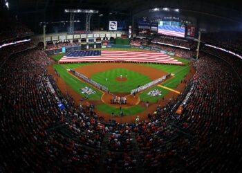 HOUSTON, TX - OCTOBER 27:  A general view of the American flag as the national anthem is performed before game three of the 2017 World Series between the Houston Astros and the Los Angeles Dodgers at Minute Maid Park on October 27, 2017 in Houston, Texas.  (Photo by Tim Bradbury/Getty Images)