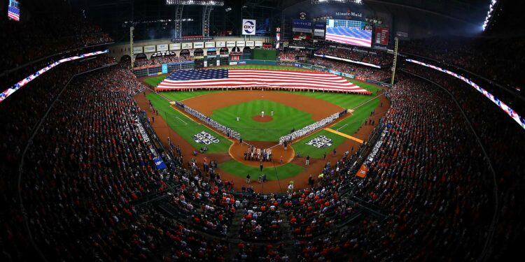 HOUSTON, TX - OCTOBER 27:  A general view of the American flag as the national anthem is performed before game three of the 2017 World Series between the Houston Astros and the Los Angeles Dodgers at Minute Maid Park on October 27, 2017 in Houston, Texas.  (Photo by Tim Bradbury/Getty Images)