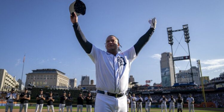 DETROIT, MICHIGAN - OCTOBER 01: Miguel Cabrera #24 of the Detroit Tigers reacts after playing in his last game against the Cleveland Guardians at Comerica Park on October 01, 2023 in Detroit, Michigan.   Nic Antaya/Getty Images/AFP (Photo by Nic Antaya / GETTY IMAGES NORTH AMERICA / Getty Images via AFP)