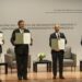 (From L to R) The president of the Venezuelan National Assembly, Jorge Rodriguez, Mexican Foreign Minister Marcelo Ebrard, the Director at NOREF Norwegian Centre for Conflict Resolution, Dag Nylander and the head of the Venezuelan opposition delegation, Gerardo Blyde Perez, hold signed documents during the  launch of negotiations between the Venezuelan government an opposition, at the National Museum of Anthropology in Mexico City on August 13, 2021. - Venezuela's government and opposition launched negotiations on Friday in Mexico that were expected to focus on sanctions and elections to try to end a crippling political and economic crisis. (Photo by CLAUDIO CRUZ / AFP)